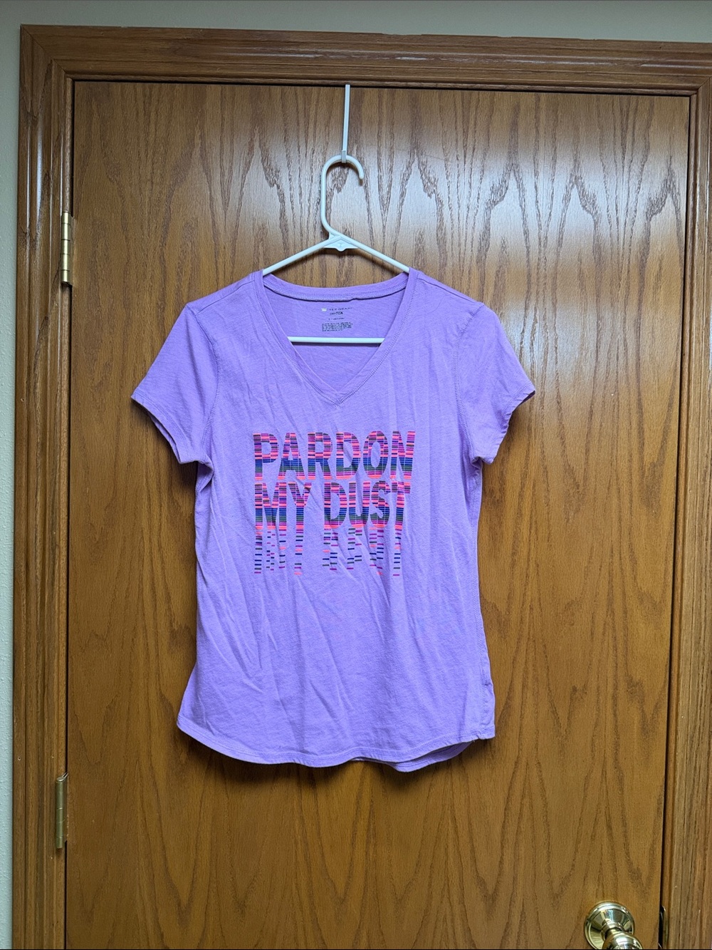 tek gear Lavender V-Neck Tee with Multicolor Striped Text